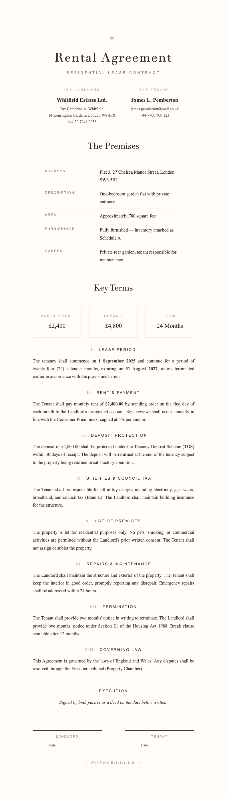 Elegant sophisticated rental agreement